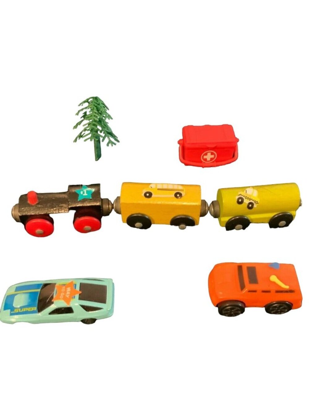 Vintage Wooden Train Set With Cars Tree Tools & Red Toolbox Accessories - Colorf